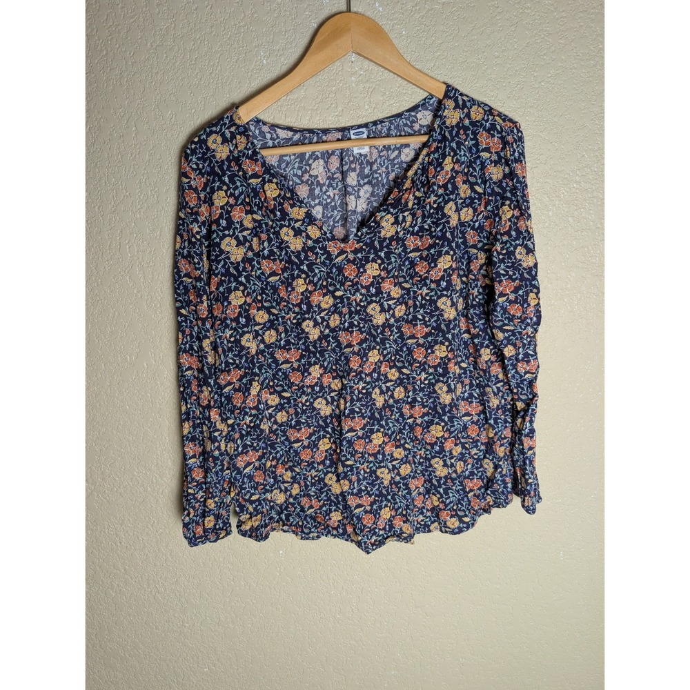 Old Navy Floral V-Neck Blouse Women's Large Boho Cottagecore Navy Long Sleeve